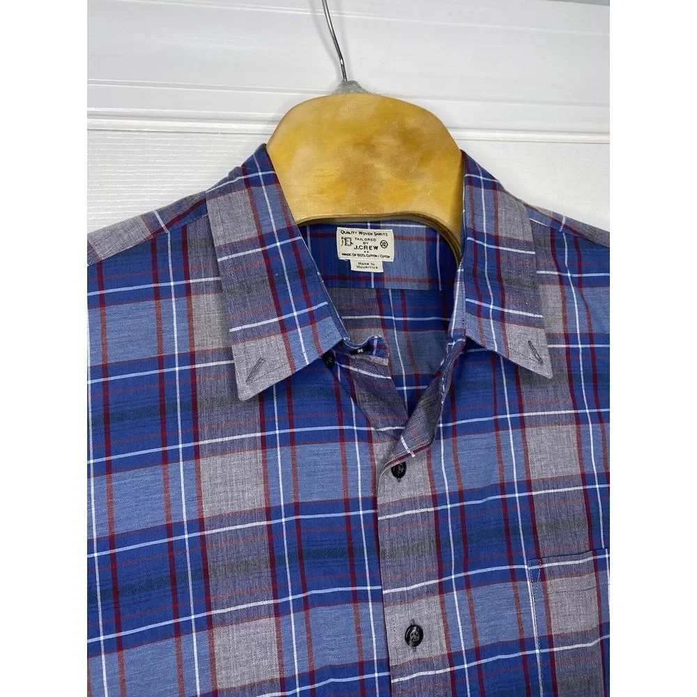 Tailored By J Crew Mens Slim Fit Button Front Shirt Blue Grey Plaid XL‎ Cotton